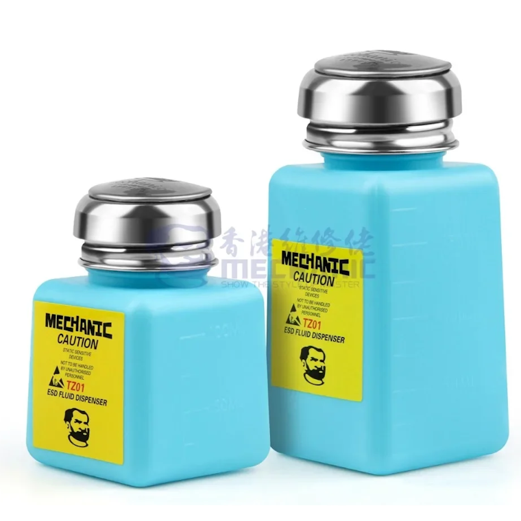 MECHANIC TZ01 Blue ESD Anti-Static Alcohol Dispenser Bottle 180ml – One-Touch Pump Solvent Dispenser for IPA, Flux Remover, PCB Cleaning, Phone Repair & Electrostatic Brush Use"