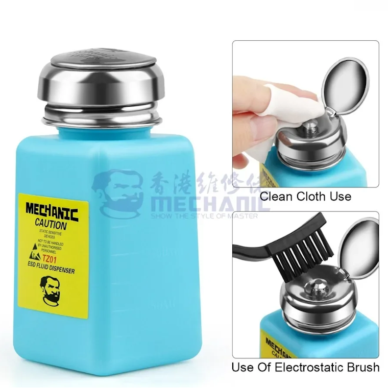 MECHANIC TZ01 Blue ESD Anti-Static Alcohol Dispenser Bottle 180ml – One-Touch Pump Solvent Dispenser for IPA, Flux Remover, PCB Cleaning, Phone Repair & Electrostatic Brush Use