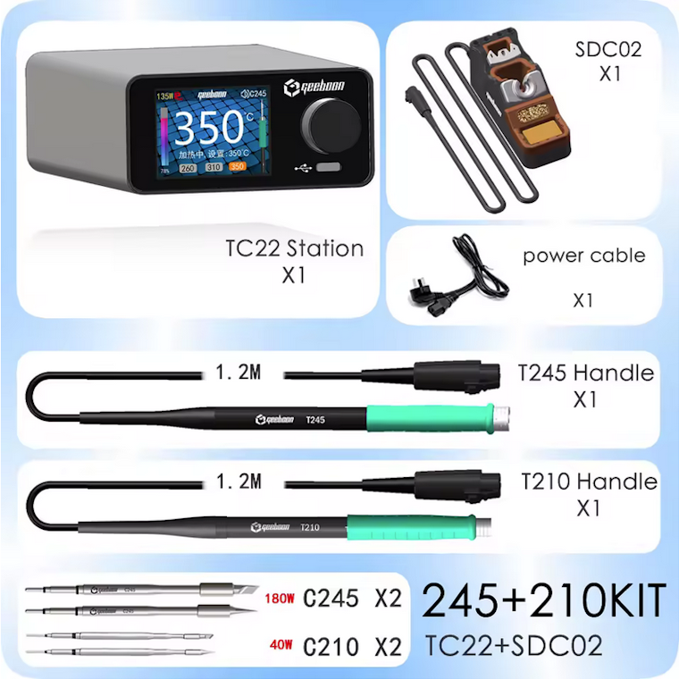 Geeboon TC22 240W Digital Soldering Station Kit with JBC-Compatible C245/C210/C115/T12 Handles, Color LCD Temperature Display, Sleep Mode for Phone Repair, BGA Rework, and Electronics Soldering