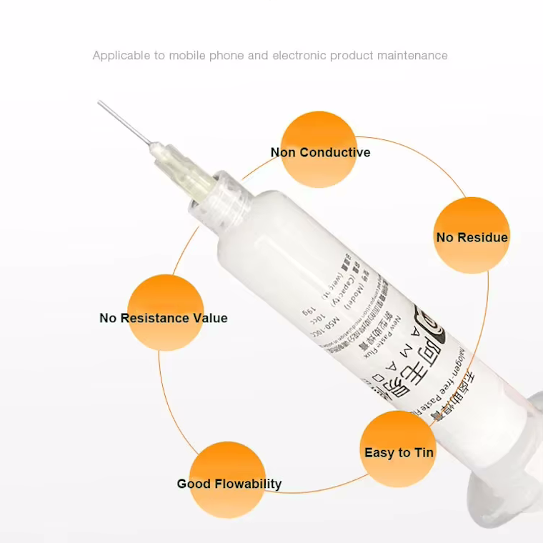 AMAOE M50 Halogen-Free No-Clean Solder Paste Flux 10cc White Syringe with Precision Needle – High Viscosity RMA Flux for BGA Reballing, Phone Motherboard IC Repair, PCB SMD Soldering