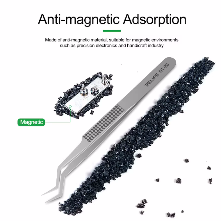 RELIFE ST-20 Precision Angled Tweezers with Anti-Slip Grip Stainless Steel Bent Tip Tweezers for Phone Repair, Chip Placement, BGA Soldering, and Electronics Micro Work "RELIFE ST-20 Precision Angled Tweezers with Anti-Slip Grip – Stainless Steel Bent Tip Tweezers for Phone Repair, Chip Placement, BGA Soldering, and Electronics Micro Work