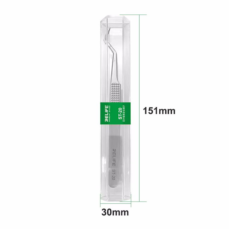 RELIFE ST-20 Precision Angled Tweezers with Anti-Slip Grip Stainless Steel Bent Tip Tweezers for Phone Repair, Chip Placement, BGA Soldering, and Electronics Micro Work "RELIFE ST-20 Precision Angled Tweezers with Anti-Slip Grip – Stainless Steel Bent Tip Tweezers for Phone Repair, Chip Placement, BGA Soldering, and Electronics Micro Work