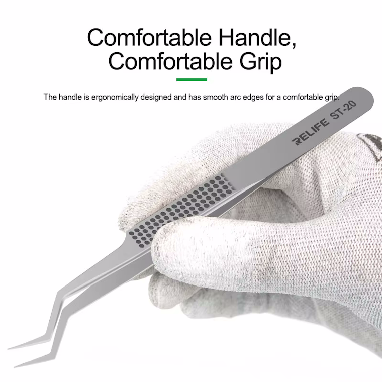 RELIFE ST-20 Precision Angled Tweezers with Anti-Slip Grip Stainless Steel Bent Tip Tweezers for Phone Repair, Chip Placement, BGA Soldering, and Electronics Micro Work "RELIFE ST-20 Precision Angled Tweezers with Anti-Slip Grip – Stainless Steel Bent Tip Tweezers for Phone Repair, Chip Placement, BGA Soldering, and Electronics Micro Work