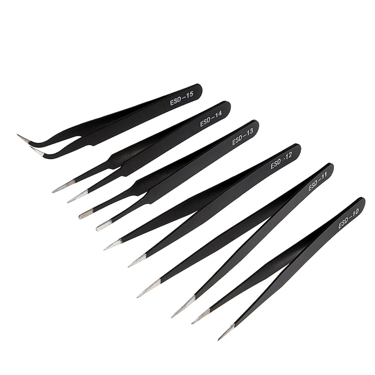 Anti-Static ESD Precision Tweezers Set (ESD-10, ESD-11, ESD-12, ESD-13, ESD-14, ESD-15) Black Stainless Steel Tweezers for Phone Repair, Electronics, SMD, and Jewellery Work