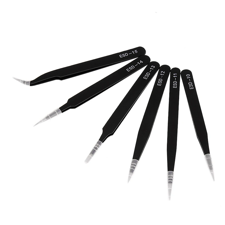 Anti-Static ESD Precision Tweezers Set (ESD-10, ESD-11, ESD-12, ESD-13, ESD-14, ESD-15) Black Stainless Steel Tweezers for Phone Repair, Electronics, SMD, and Jewellery Work