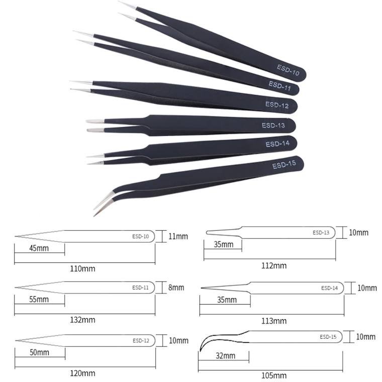 Anti-Static ESD Precision Tweezers Set (ESD-10, ESD-11, ESD-12, ESD-13, ESD-14, ESD-15) Black Stainless Steel Tweezers for Phone Repair, Electronics, SMD, and Jewellery Work