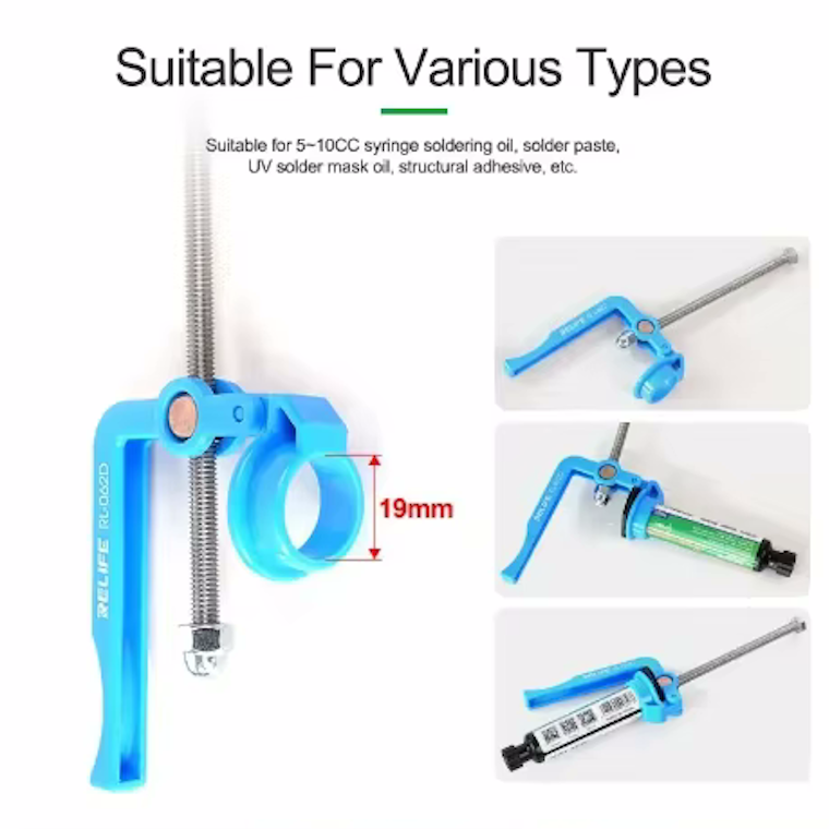 RELIFE RL-062D Manual Flux & Solder Paste Booster Tool Blue Glue Gun Dispenser Pusher for 10cc Syringes, Phone Repair, BGA Soldering, UV Solder Mask, and Adhesive Application