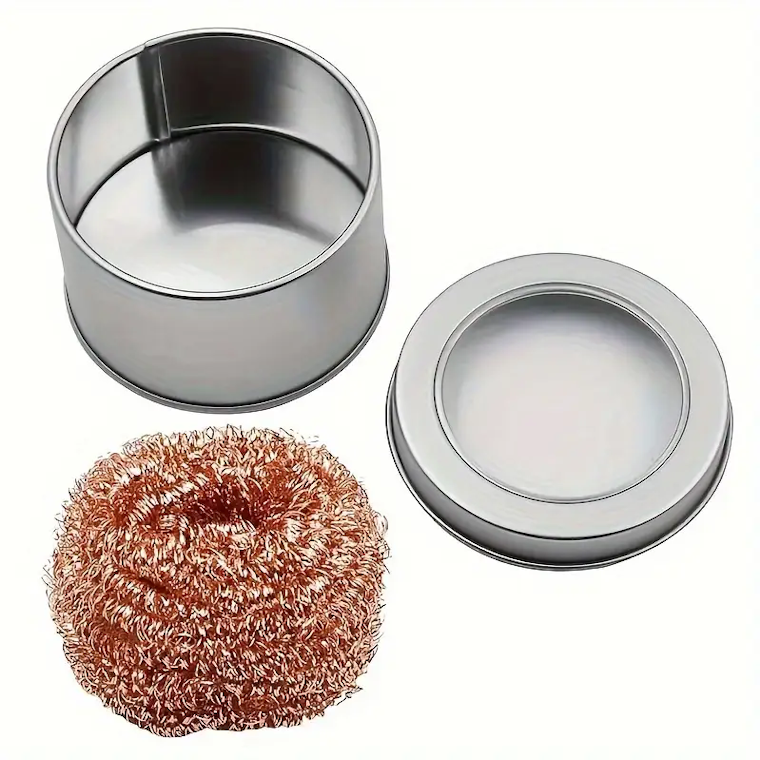 Soldering Iron Tip Cleaner with Copper Wire Ball and Metal Dross Box – 6.1cm Steel Wire Ball, Compact 6.6cm x 4.2cm Storage Tin for Solder Residue Removal and Tip Cleaning