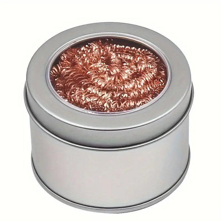 Soldering Iron Tip Cleaner with Copper Wire Ball and Metal Dross Box – 6.1cm Steel Wire Ball, Compact 6.6cm x 4.2cm Storage Tin for Solder Residue Removal and Tip Cleaning