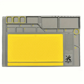 Silicone soldering repair mat with magnetic area, screw grid, anti-slip base, and component storage