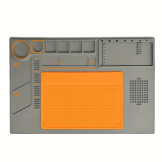 Silicone soldering repair mat with magnetic area, screw grid, anti-slip base, and component storage