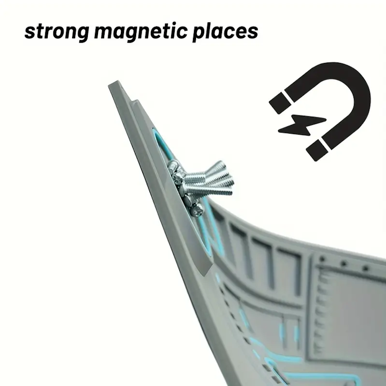 Silicone soldering repair mat with magnetic area, screw grid, anti-slip base, and component storage
