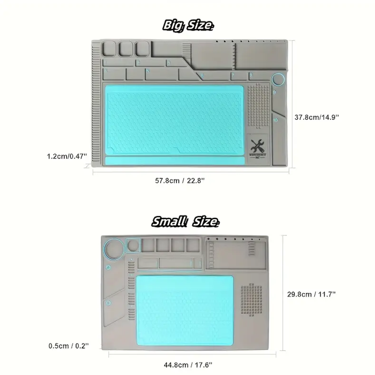 Silicone soldering repair mat with magnetic area, screw grid, anti-slip base, and component storage