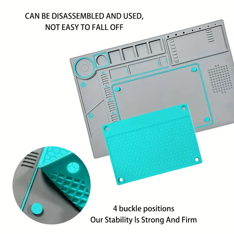 Silicone soldering repair mat with magnetic area, screw grid, anti-slip base, and component storage