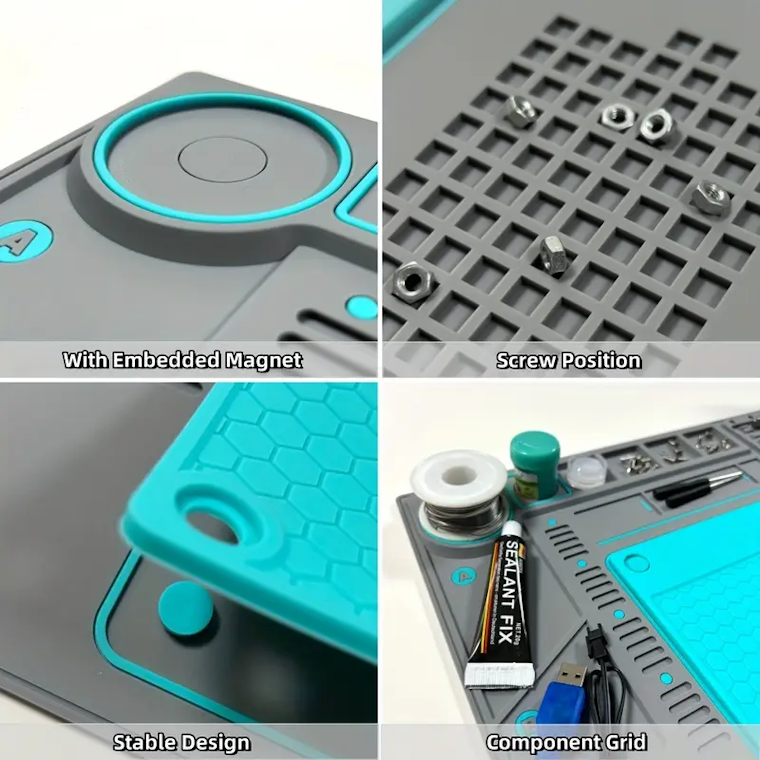 Silicone soldering repair mat with magnetic area, screw grid, anti-slip base, and component storage